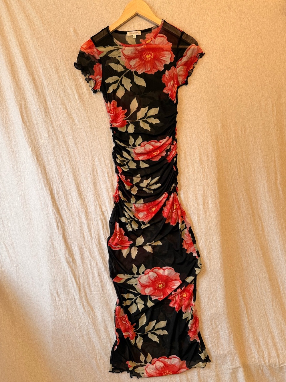 Black Mesh Maxi Dress with Red Floral Print and Ruched Sides